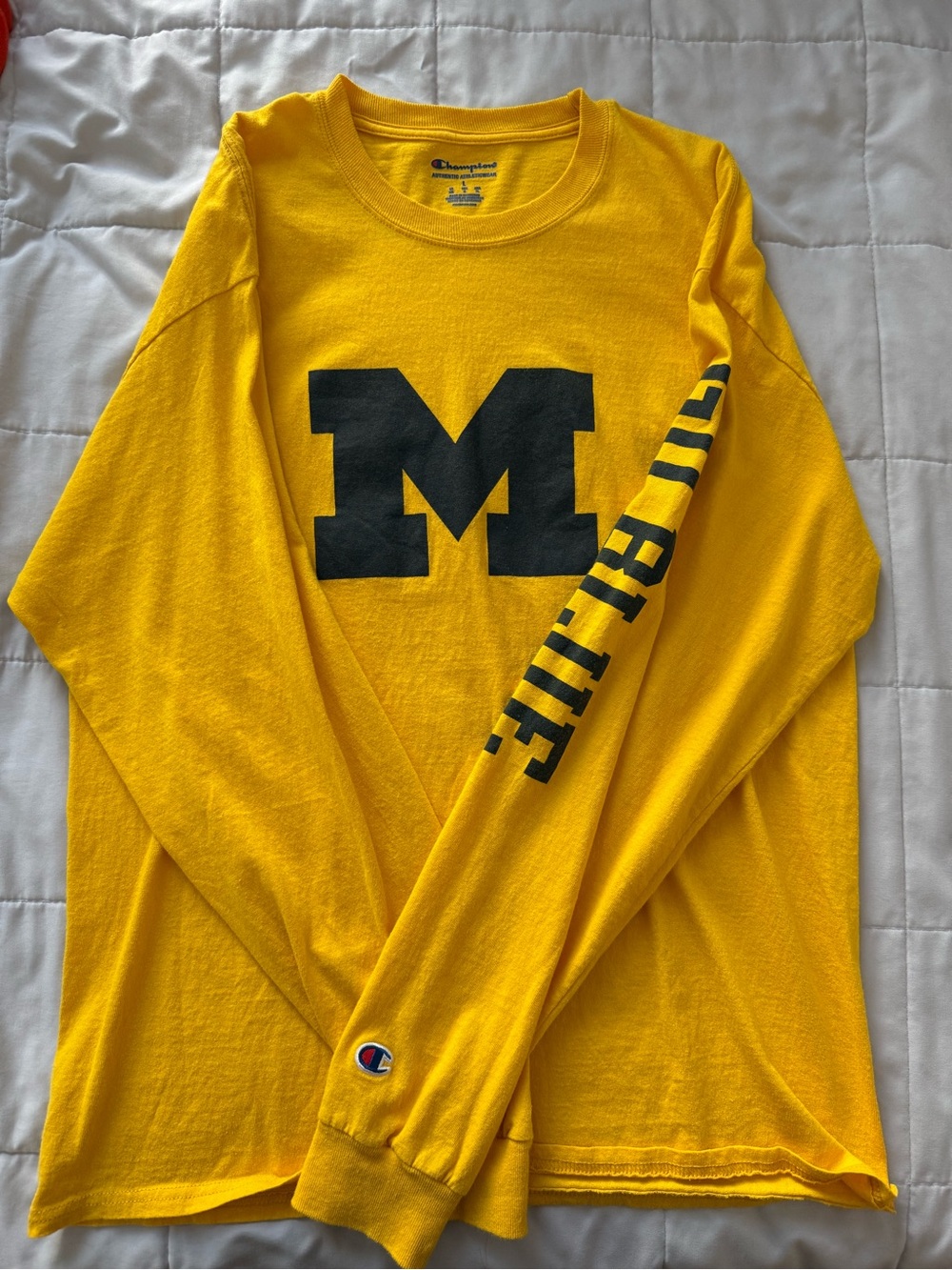 Michigan Wolverines “Go Blue” Champion Yellow Long-Sleeve Tee with Navy Block M
